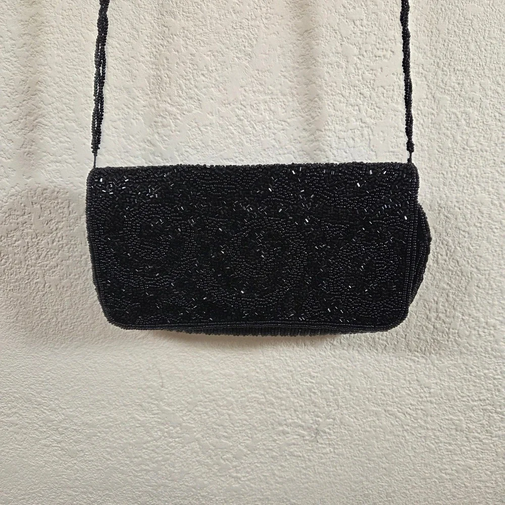 La Regale Black Beaded Evening Bag Crossbody Clutch Vintage Style Swirl Pattern